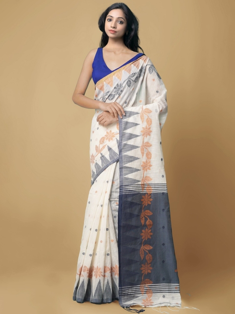 

Unnati Silks Cream-Coloured & Blue Ethnic Motifs Pure Linen Jamdani Saree