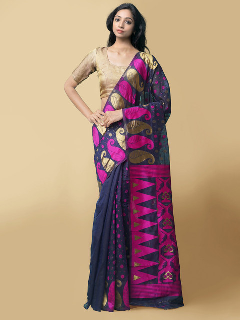 

Unnati Silks Women Navy Blue Pure Handloom Bengal Linen Sustainable Saree