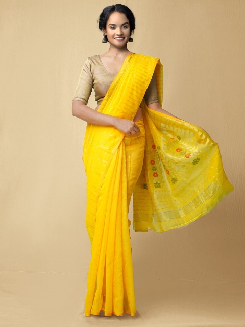 

Unnati Silks Women Yellow & Gold-Toned Pure Handloom Bengal Linen Sustainable Saree