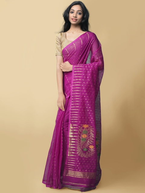 

Unnati Silks Purple & Gold-Toned Woven Design Zari Pure Linen Jamdani Saree