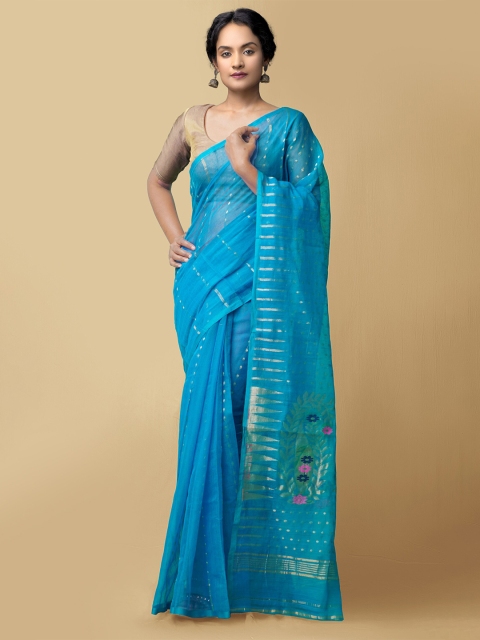 

Unnati Silks Blue & Gold-Toned Woven Design Zari Pure Handloom Bengal Linen Saree