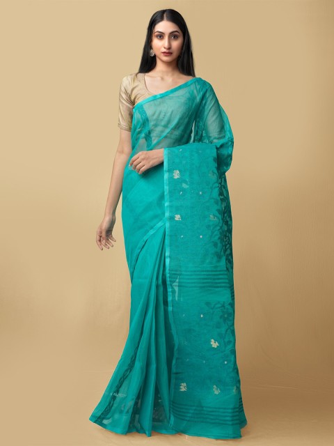 

Unnati Silks Women Green & Gold-Toned Pure Handloom Bengal Tant Cotton Sustainable Saree