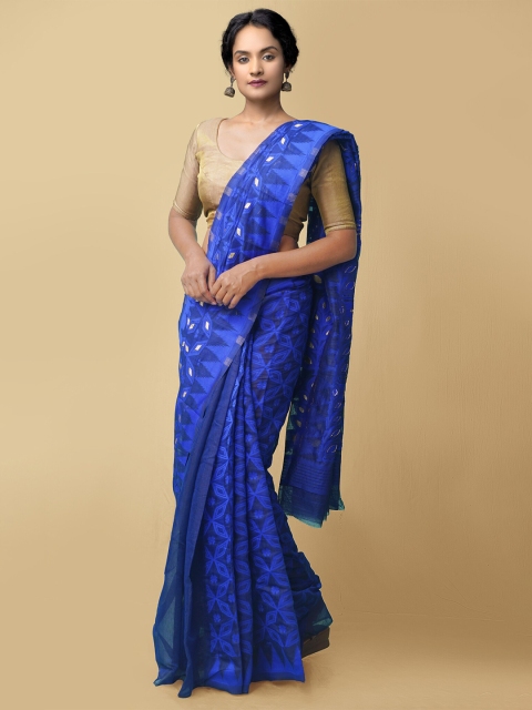 

Unnati Silks Women Blue & Gold-Toned Dhaka Jamdhani Bengal Cotton Silk Sustainable Saree