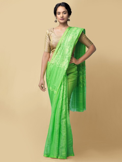 

Unnati Silks Women Green & Gold-Coloured Pure Handloom Dhaka Jamdhani Bengal Cotton Silk Sustainable Saree