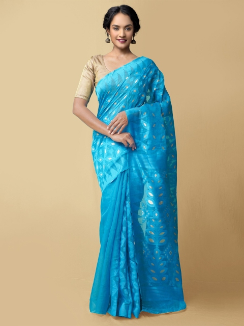 

Unnati Silks Women Blue & Gold Dhaka Jamdhani Bengal Cotton Silk Sustainable Saree