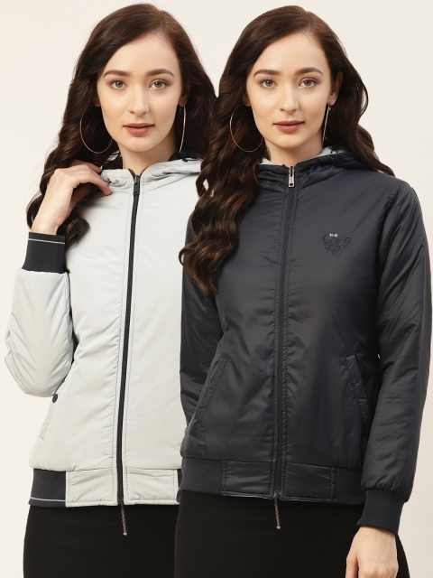

Okane Women Blue Solid Hooded Reversible Bomber Jacket