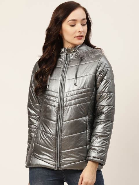 

Okane Women Silver Solid Parka Jacket with Detachable Hood