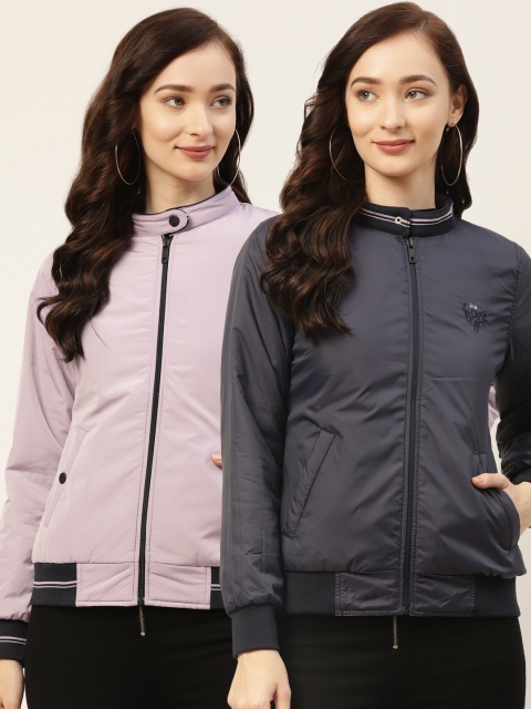 

Okane Women Navy Blue & Lavender Reversible Bomber Jacket