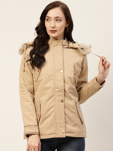 

Okane Women Beige Solid Parka Jacket with Detachable Hood