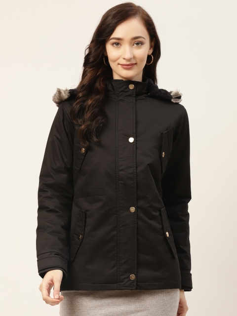 

Okane Women Black Solid Parka Jacket with Detachable Hood
