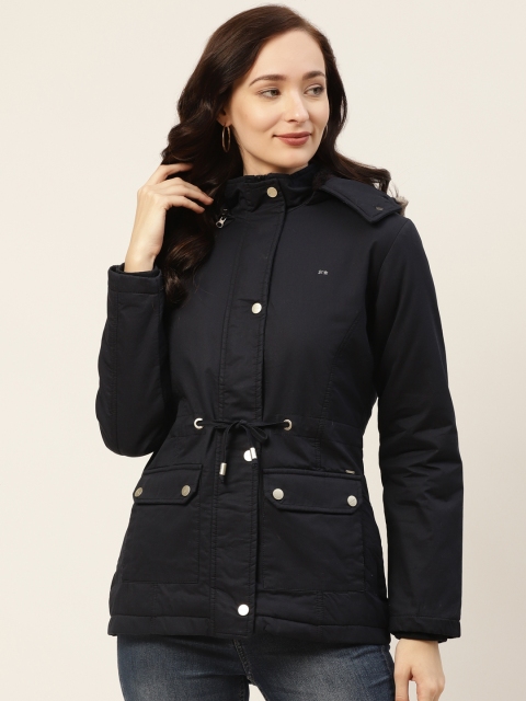 

Okane Women Navy Blue Solid Parka Jacket with Detachable Hood