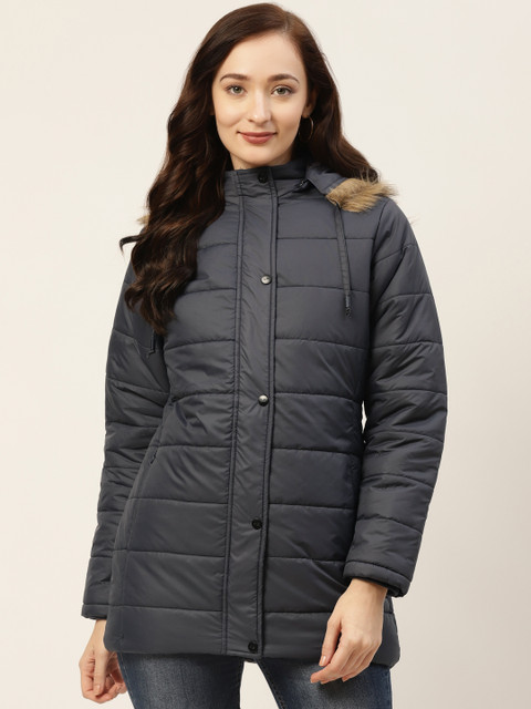 

Okane Women Navy Blue Solid Longline Parka Jacket with Detachable Hood