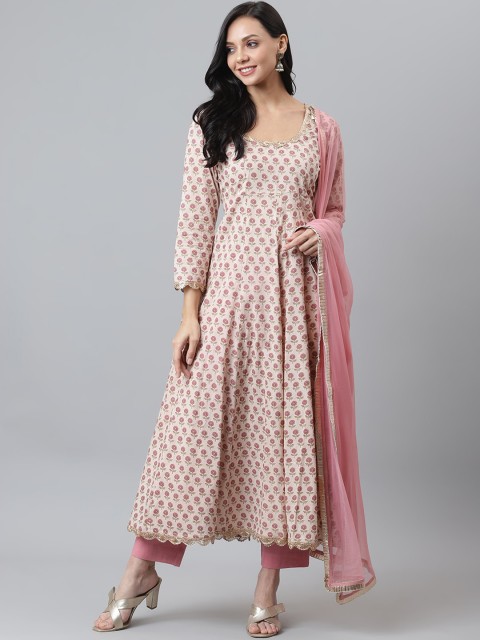 

maaisarah Women Pink Ethnic Motifs Printed Pleated Gotta Patti Pure Cotton Kurta Set