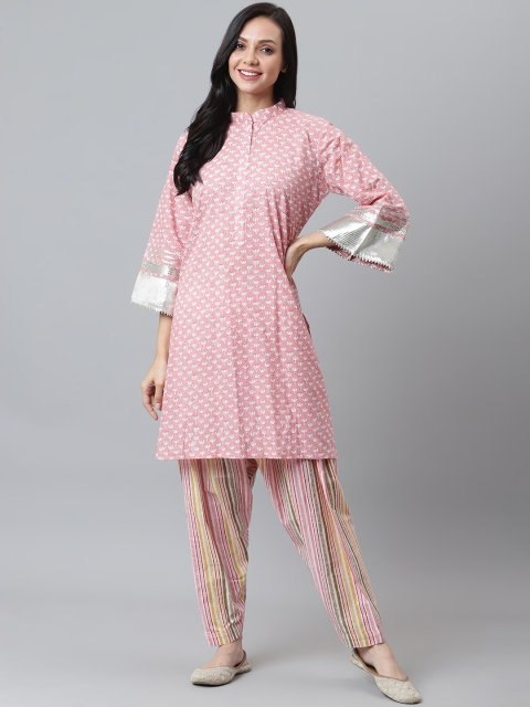 

maaisarah Women Pink Floral Printed Regular Pure Cotton Kurta with Salwar & With Dupatta