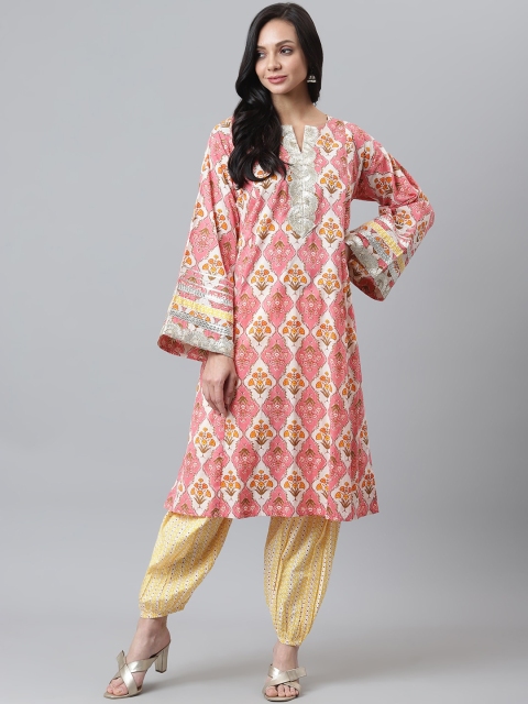 

maaisarah Women Pink & Yellow Ethnic Motifs Printed Regular Pure Cotton Kurta with Patiala