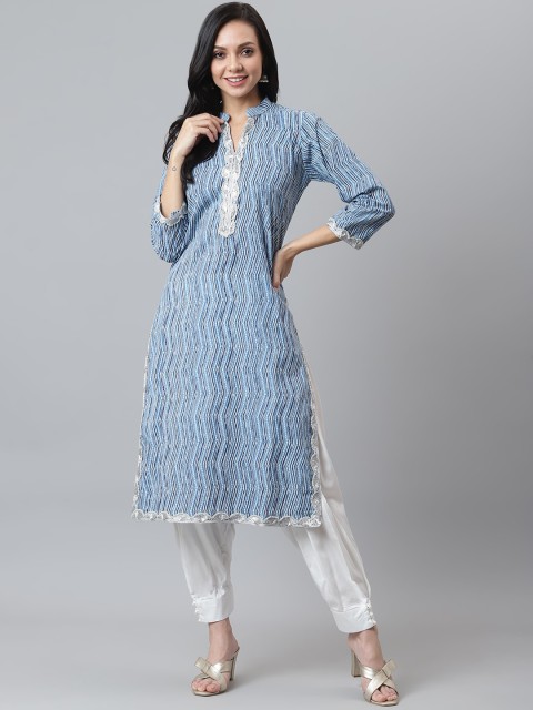 

maaisarah Women Blue Printed Regular Pure Cotton Kurta with Salwar