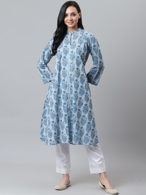 

maaisarah Women Blue Floral Printed Pure Cotton Kurta with Trousers
