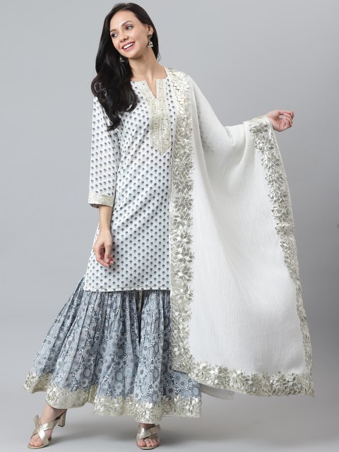 

maaisarah Women Blue Printed Regular Gotta Patti Pure Cotton Kurta with Skirt & With Dupatta