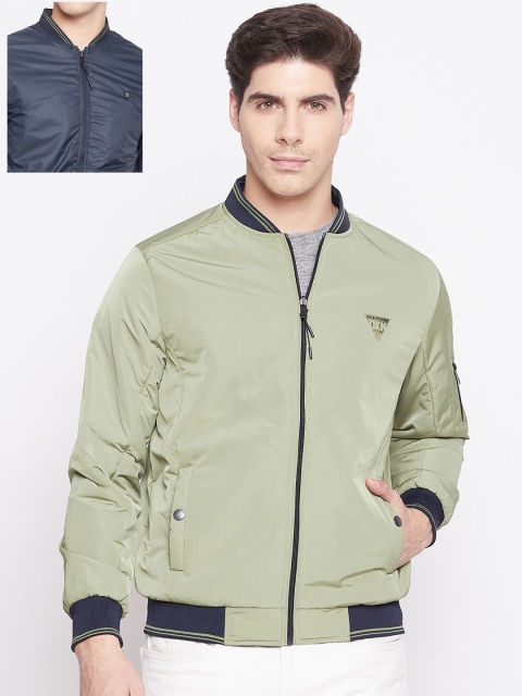 

Okane Men Olive Green & Grey Solid Reversible Bomber Jacket