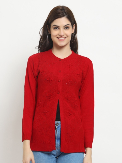 

HALTON HILLS Women Red Acrylic Floral Cardigan with Embroidered Detail