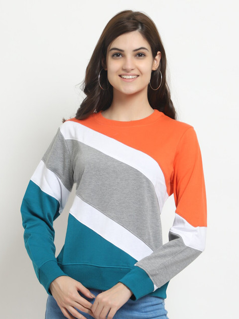 

HALTON HILLS Women Orange & Teal Colourblocked Round Neck Pullover