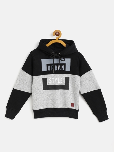 

Little Marco Boys Black & Grey Melange Printed & Colourblocked Hooded Sweatshirt