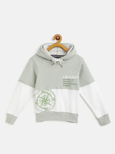 

Little Marco Boys Mint Green & White Printed & Colourblocked Hooded Sweatshirt