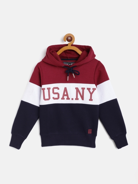 

Little Marco Boys Maroon & White Printed & Colourblocked Hooded Sweatshirt
