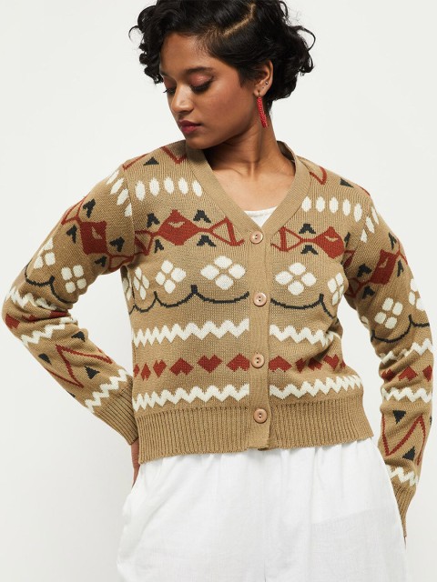 

max Women Beige & Red Acrylic Cardigan