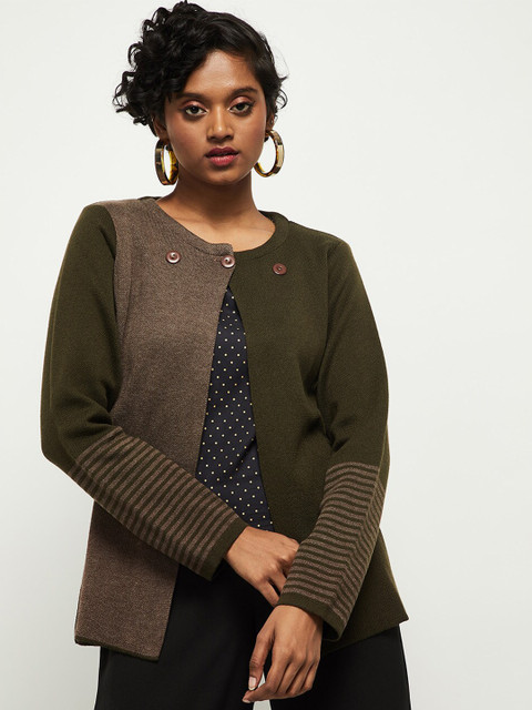 

max Women Olive Green & Grey Colourblocked Cardigan