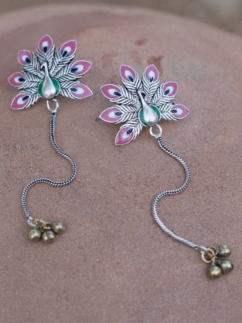 

Studio Voylla Kutch Pink & Green Silver-Plated Drop Earrings