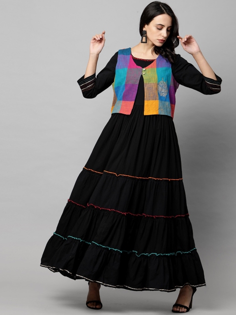 

FASHOR Black & Yellow Solid Maxi Dress With Jacket