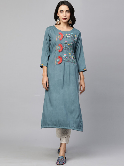 

FASHOR Women Blue & Yellow Floral Embroidered Thread Work Kurta
