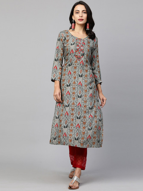 

FASHOR Women Green Floral Printed Flared Sleeves Kurta