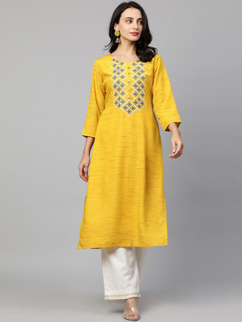 

FASHOR Women Mustard Yellow Embroidered Kurta
