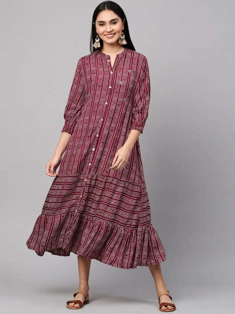 

FASHOR Maroon Ethnic Motifs A-Line Flounce Midi Dress