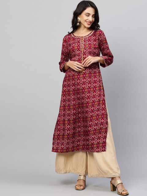

FASHOR Women Maroon Embroidered Kurta