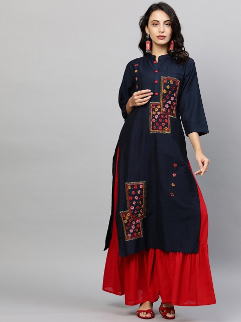 

FASHOR Women Navy Blue Geometric Embroidered Thread Work Kurta