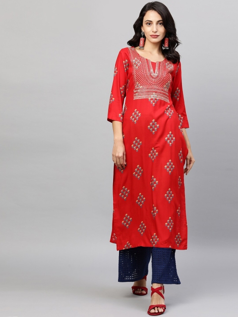 

FASHOR Women Red Ethnic Motifs Printed Thread Work Kurta