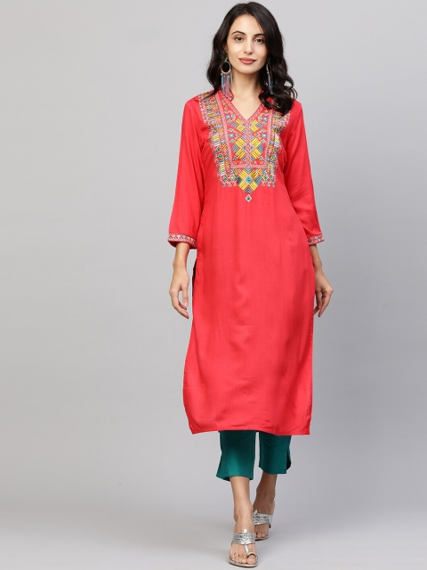 

FASHOR Women Red Ethnic Motifs Yoke Design Kurta