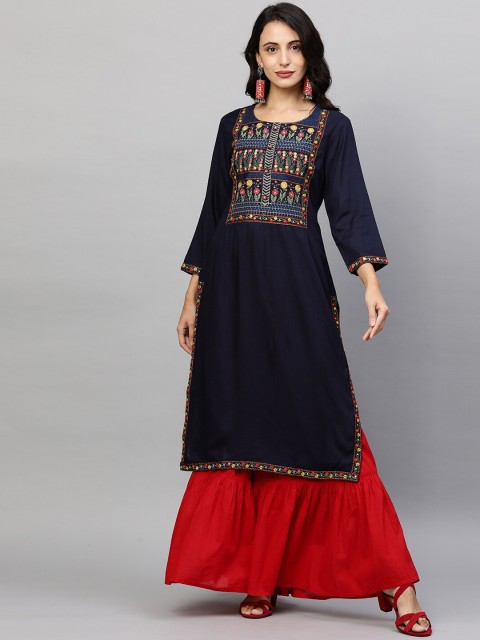 

FASHOR Women Navy Blue & Yellow Floral Yoke Design Thread Work Kurta