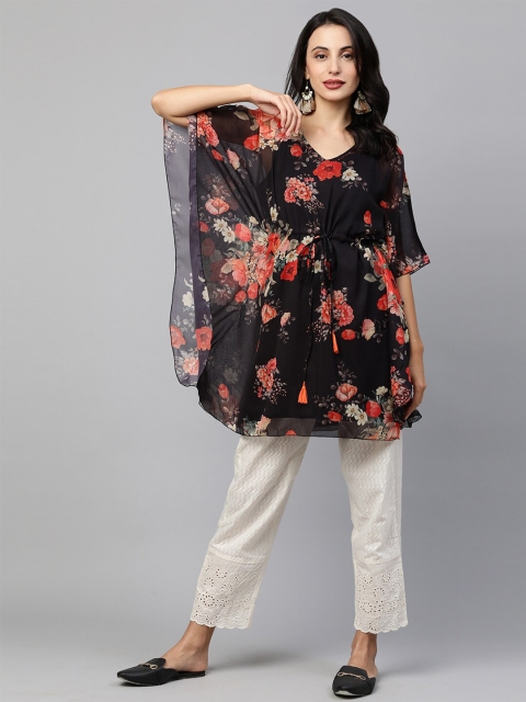 

FASHOR Black & Red Floral Woven Design V-Neck Pure Cotton Kaftan Kurti