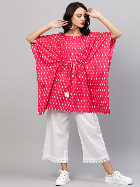 

FASHOR Pink & White Printed Boat Neck Flared Sleeves Pure Cotton Pleated Kaftan Kurti