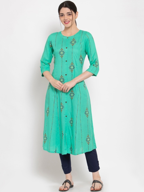 

ALC Creations Women Green Printed Kurta, Fluorescent green