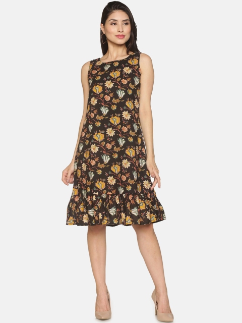 

Saffron Threads Black & Yellow Floral A-Line Dress