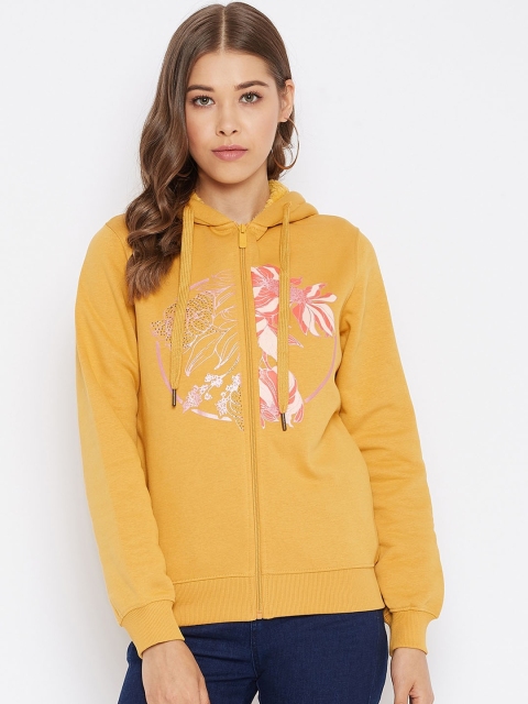 

Madame Women Mustard Printed Hooded Sweatshirt