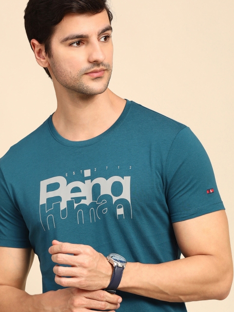

Being Human Men Teal Blue Typography Printed Pure Cotton T-shirt
