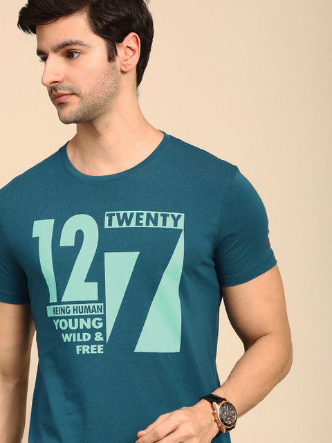 

Being Human Men Teal Green Typography Printed Pure Cotton T-shirt
