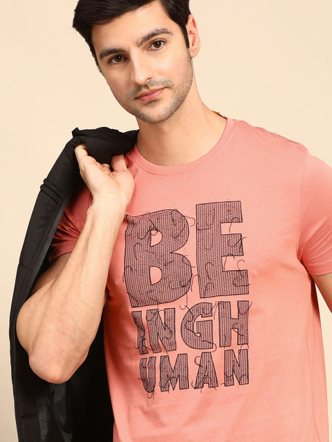 

Being Human Clothing Men Peach-Coloured Brand Logo Printed Pure Cotton T-shirt