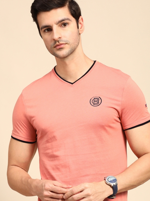 

Being Human Men Peach-Coloured Brand Logo Printed V-Neck Pure Cotton T-shirt
